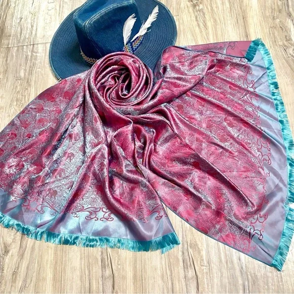 โจ Enchanting SILK Pink and Teal SCARF/body wrap w Gypsy southwestern vibe - Picture 8 of 16